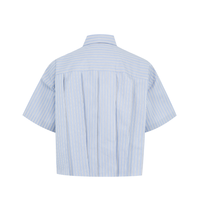 Image 2 of 3 - BLUE - SACAI Cotton Poplin Shirt featuring a cropped fit, short sleeves, classic collar, concealed front button closure, two patch pockets on front with flap for closure, striped pattern and oversized fit. 100% cotton.  