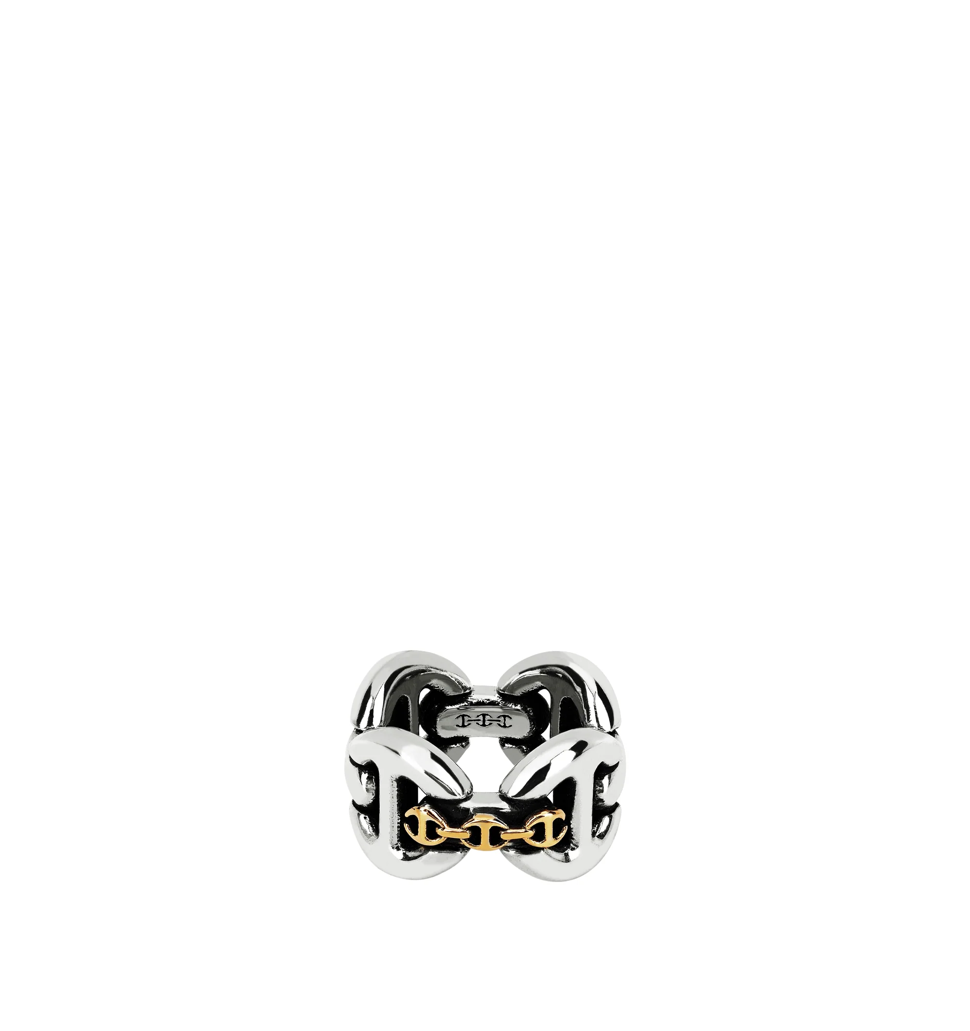 Image 1 of 2 - SILVER - Hoorsenbuhs Affix Quad Tri-Link Ring featuring a sterling silver quad band topped with the brands iconic 18K yellow gold Tri-Link. For personal consultation and detailed information about jewelry, please contact our dedicated stylist team at personalshopping@hirshleifers.com.This item may be restricted for online purchase to international clients. For assistance purchasing this item please contact our dedicated stylist team at personalshopping@hirshleifers.com.