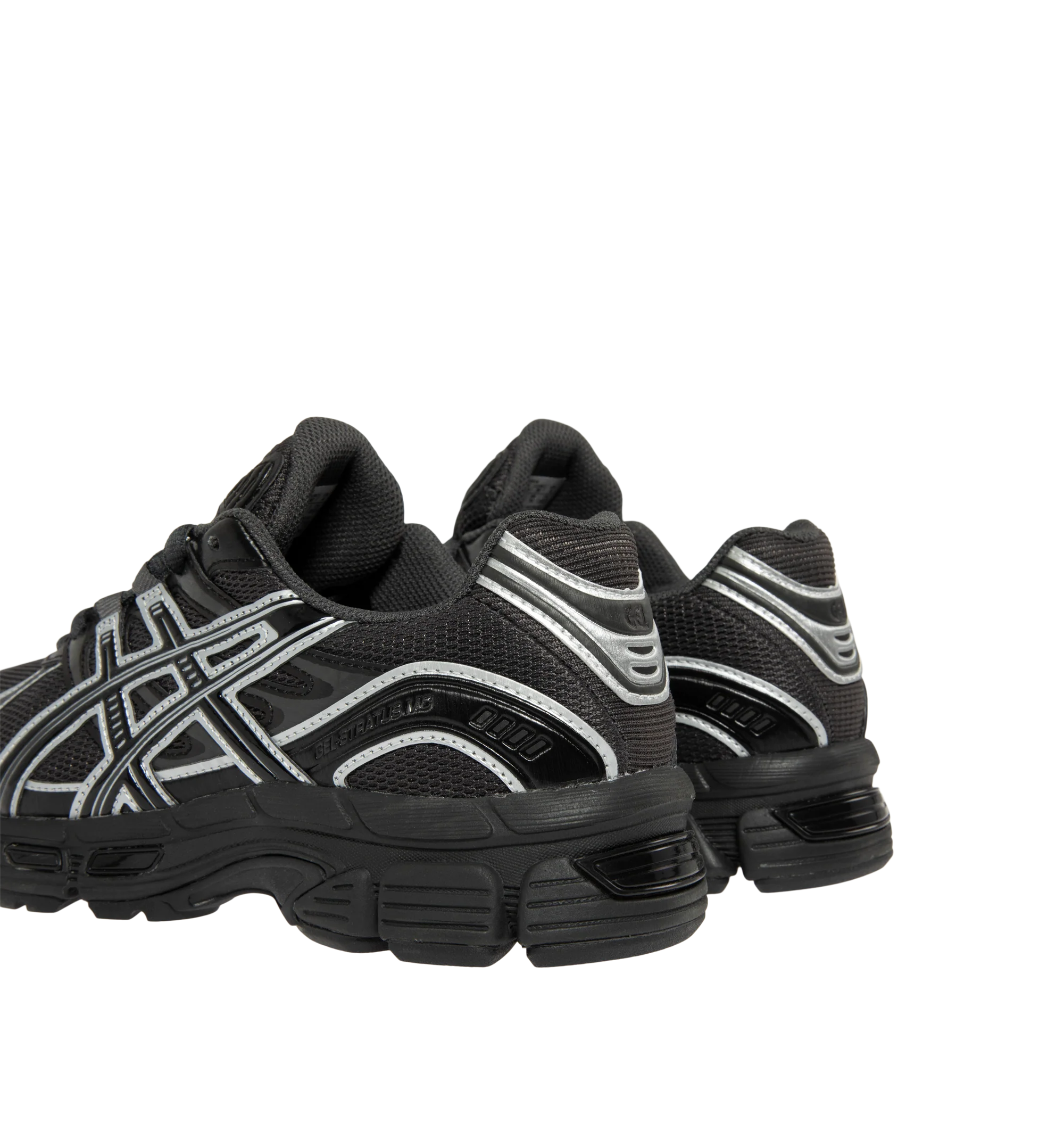 Image 3 of 5 - BLACK - Asics Men's GEL-STRATUS MC Sneakers feature an air mesh upper with synthetic leather overlays for breathable comfort, durability, and a technical-inspired look. Drawing from the brand's 2010s running heritage, these lifestyle sneakers combine rearfoot GEL technology with a cushioned midsole for enhanced shock absorption and everyday comfort. Main Material: Synthetic Leather and Mesh. Sole: Rubber.
