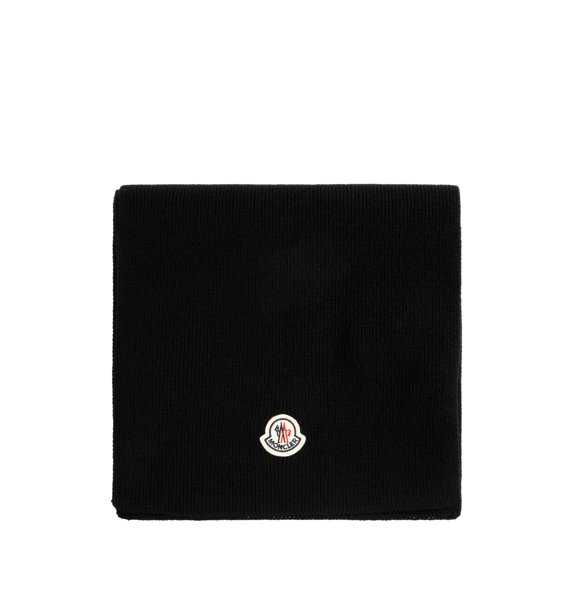 Image 1 of 2 - BLACK - Moncler Wool Blend Logo Scarf is crafted from a soft wool blend, providing exceptional warmth and comfort for colder days. BASE FABRIC: 90% Virgin wool, 10% Cashmere