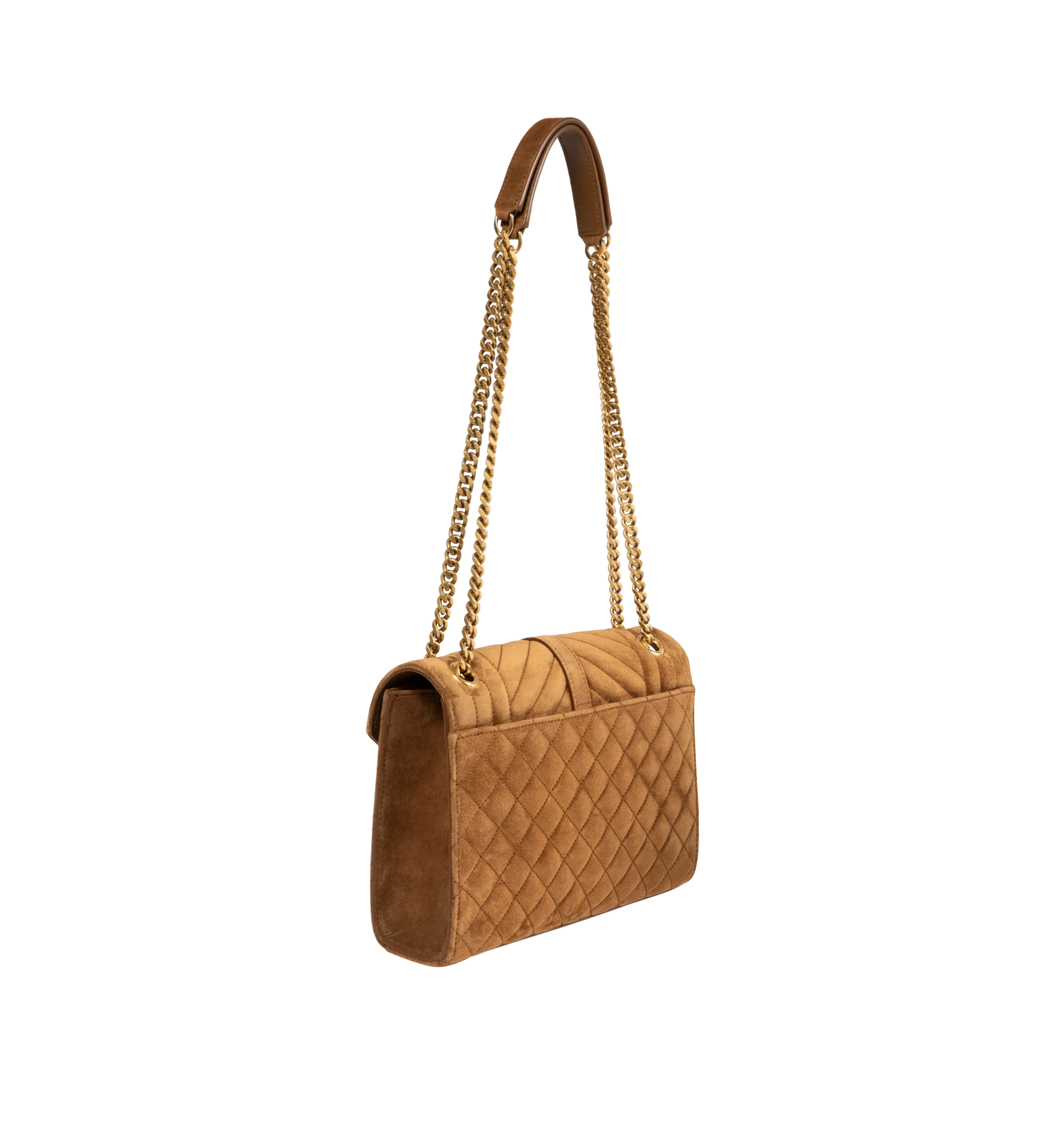 Image 2 of 4 - BROWN - Saint Laurent Leather Envelope Medium Chain Bag features a magnetic snap closure, one main compartment, one flat interior pocket, and one flat pocket at the back for additional storage. Dimensions: 9.4 X 6.8 X 2.3 inches. Main materials: Calfskin Leather, brass harware. Made in Italy.