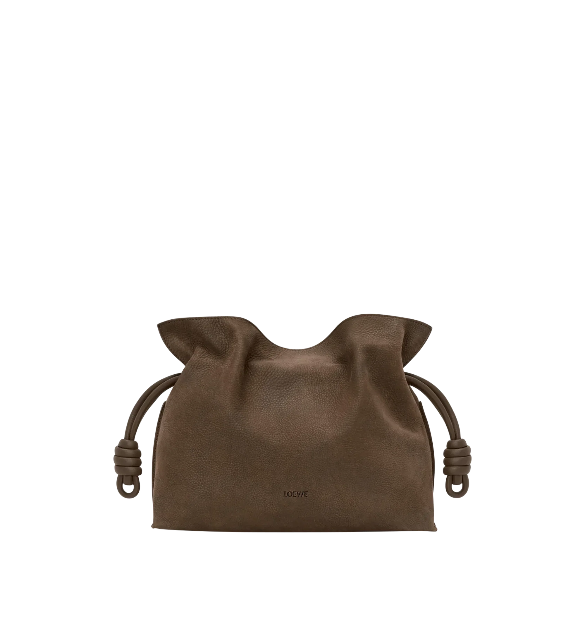 Image 1 of 4 - BROWN - Loewe Medium Flamenco Clutch is crafted from grained nubuck and features the brand's signature soft, slouchy silhouette with a cinched closure and iconic knot drawstrings. Designed for shoulder, crossbody, or hand carry with a detachable and adjustable strap, discreet magnetic closure, nappa lambskin lining, and embossed LOEWE logo. Main Material: Grained Nubuck. Lining: Nappa Lambskin. Dimensions: 30 cm W 24.5 cm H 10.5 cm D. Strap Length: 96-120 cm. Strap Drop: 38-44 cm. Weight: 0