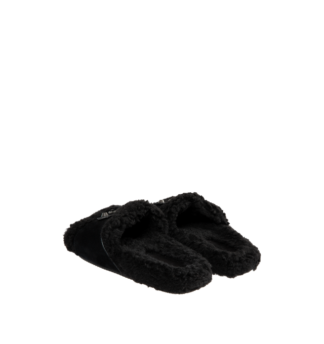 Image 3 of 4 - BLACK - BALENCIAGA Furry Open Mule Slide featuring polyester, wool and calfskin, open mule, studs and buckle on the upper, tone-on-tone sole and black outsole. Upper: calfskin, polyester, wool. Sole: TPU. Insole: polyester, wool. Made in Italy.