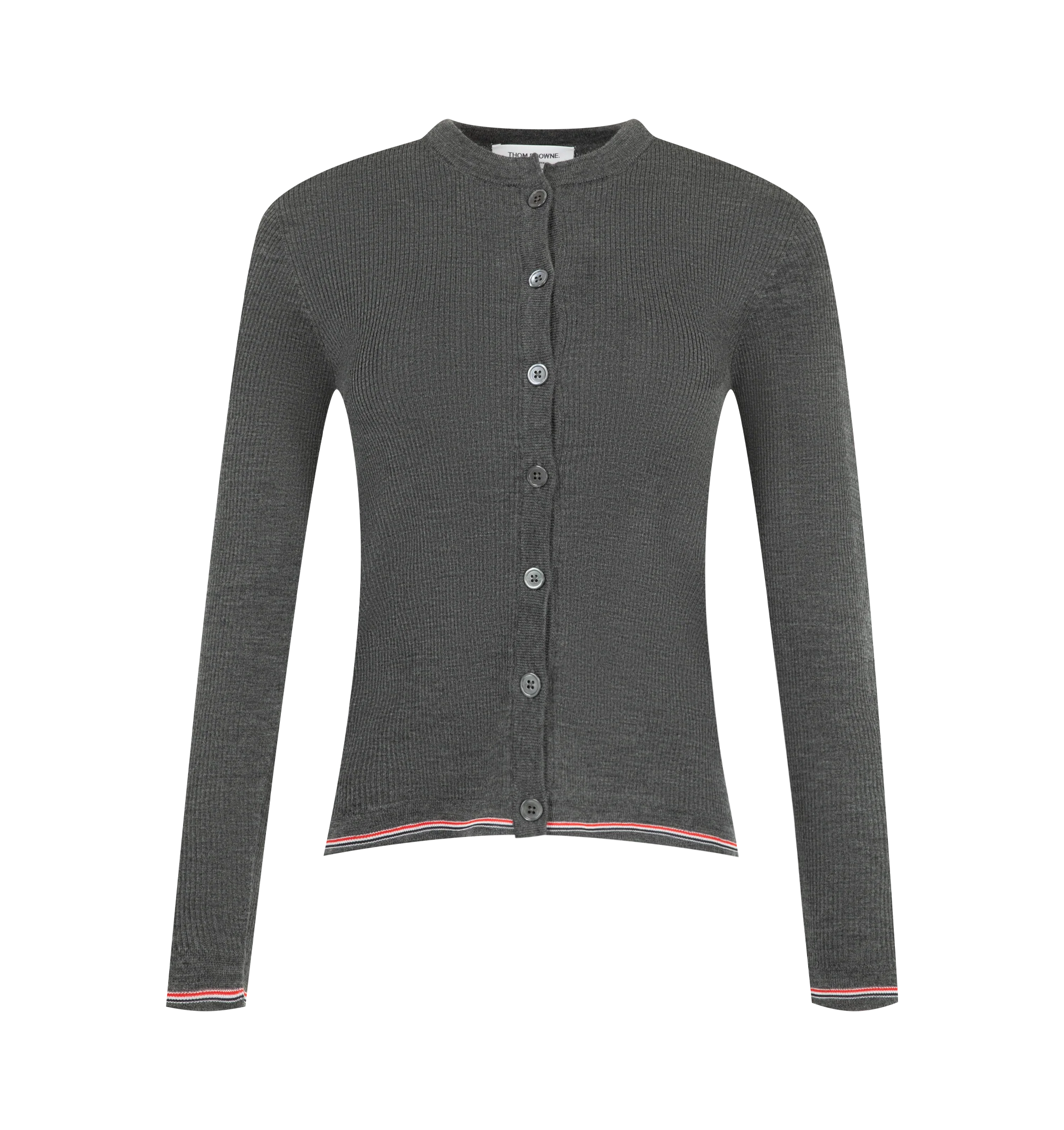 Image 1 of 2 - GREY - Thom Browne Womens Fine Merino Wool Cardigan is crafted from fine-gauge merino wool and features a front button closure, finely ribbed neckline and placket, rib-knit cuffs and hem with signature RWB tipping, and the signature striped grosgrain loop tab. This designer wool cardigan combines lightweight knit construction with a timeless button-front silhouette for elevated everyday layering. Main Material: 100% Wool. Made in Italy.
