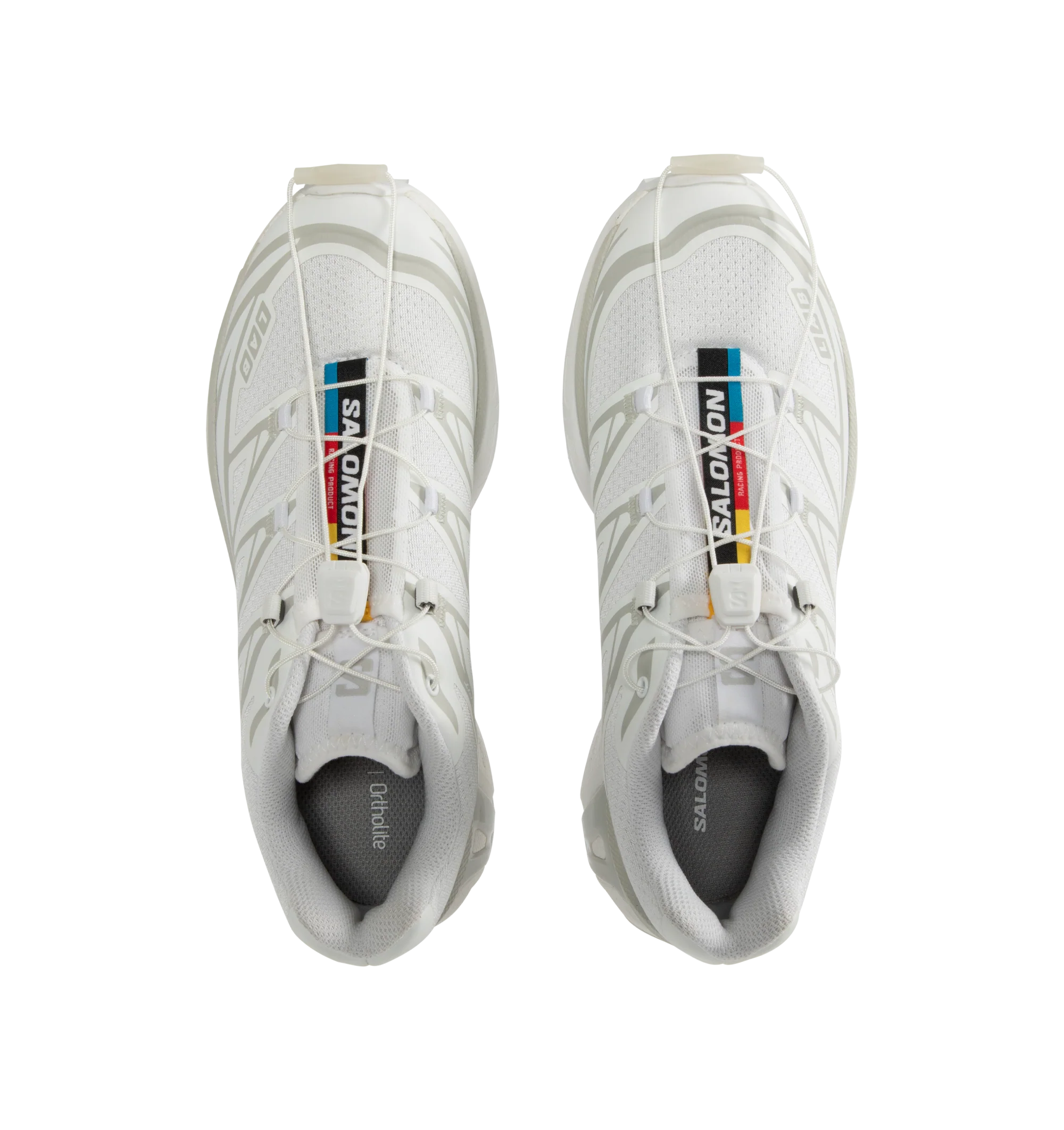 Image 5 of 5 - WHITE - Salomon XT-6 Sportstyle Sneakers are a lace-up style with an Agile Chassis System, abrasion-resistant TPU materials, single-layer mesh, SensiFit systems, protective toecaps, lace pockets for the Quicklace lacing system, molded OrthoLite sock liners, and rubber outsoles.