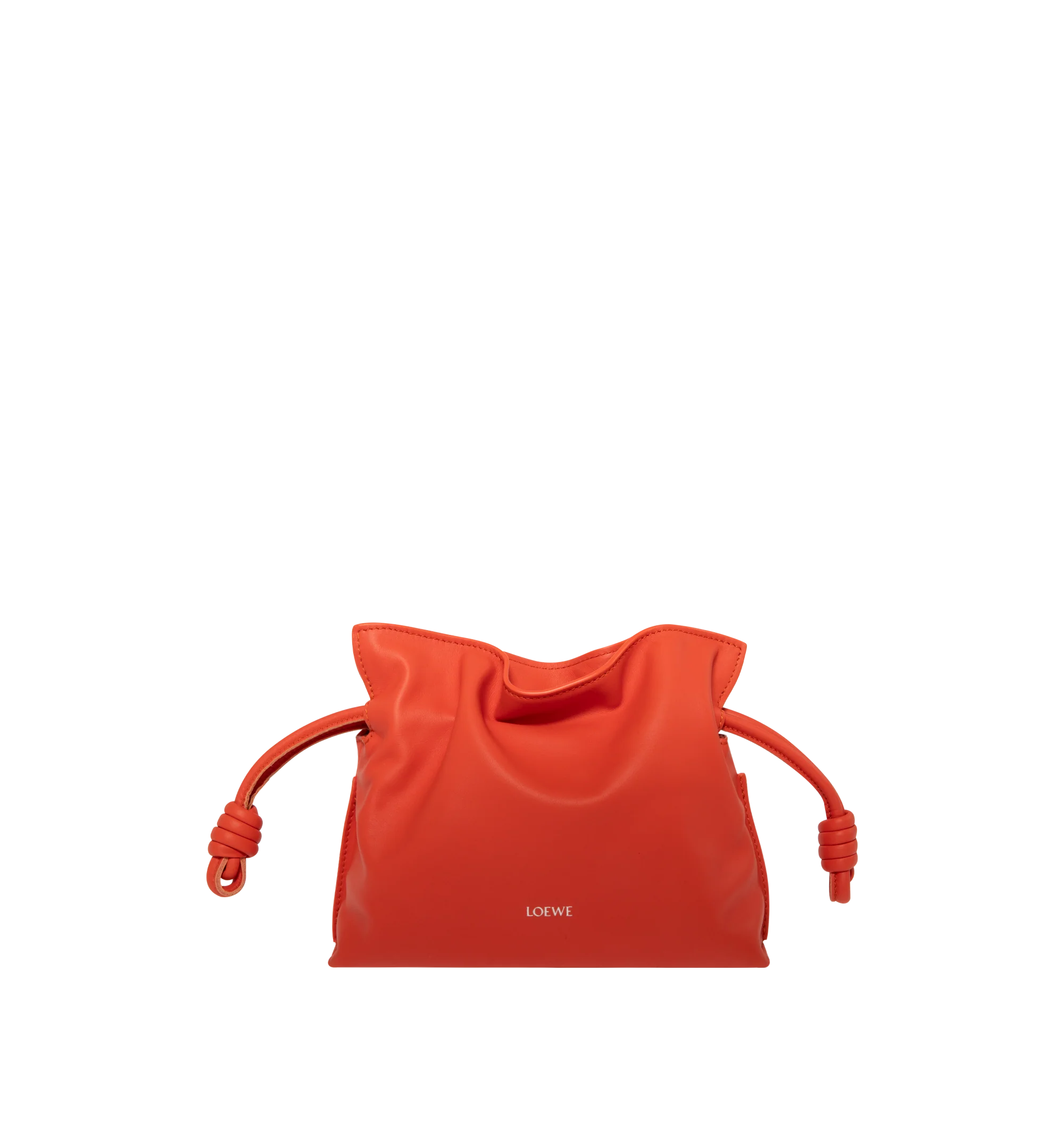 Image 1 of 3 - ORANGE - LOEWE Mini Flamenco Clutch in nappa calfskin featuring a soft and slouchy bag with a cinched closure and historical knot drawstrings, shoulder, crossbody or hand carry, detachable and adjustable strap, discreet magnetic closure, suede lining and embossed Anagram. Nappa calf. 18 cm x 23.9 cm x 9 cm. Made in Spain.