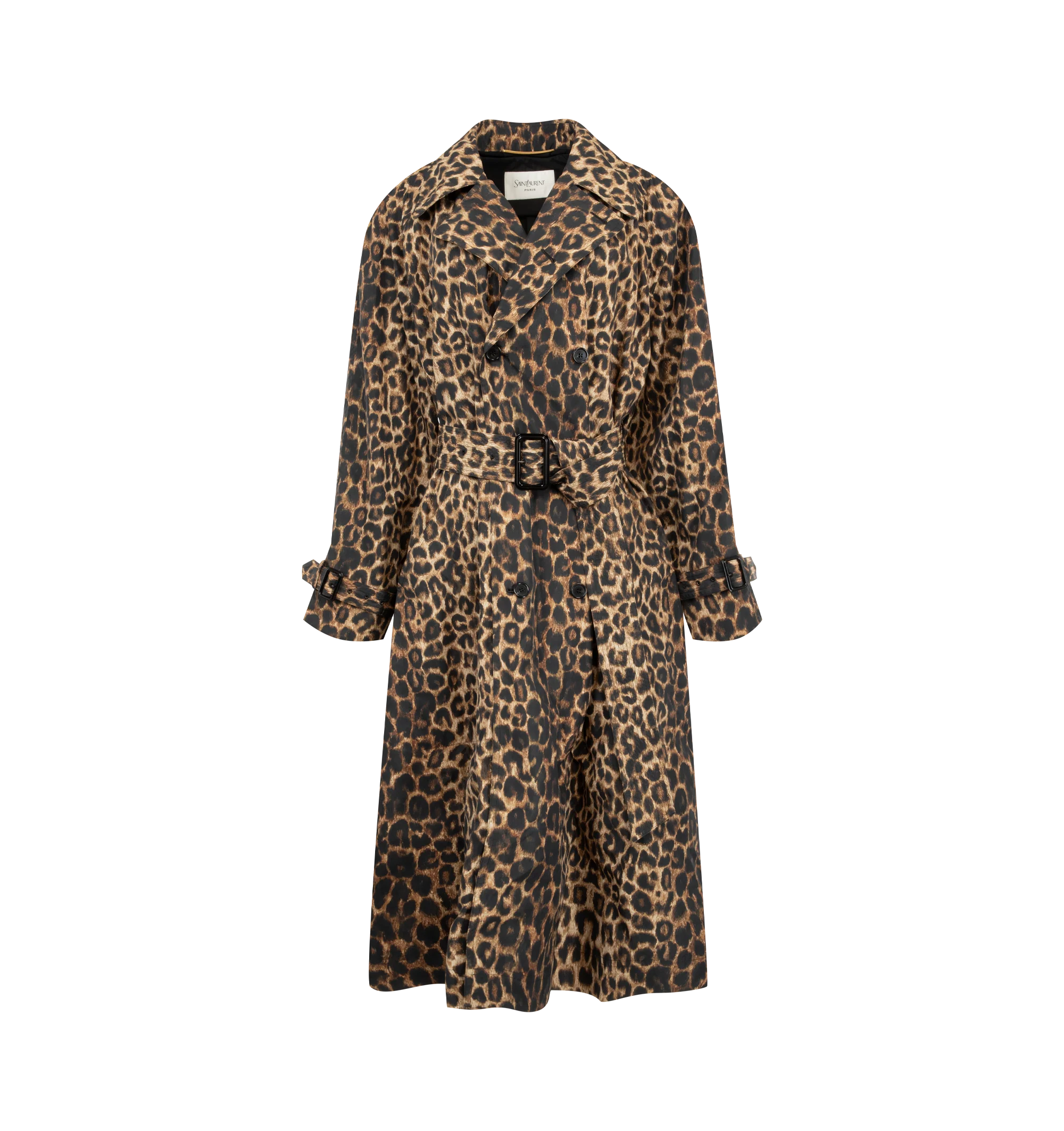 Image 1 of 3 - MULTI - Saint Laurent Womens Belted Trench Coat is crafted from polyamide. Features a double-breasted six-button closure, adjustable belt, two-way ulster collar, raglan sleeves, strapped cuffs, two front welt pockets, single back vent, and polyester taffeta lining. Main Material: 100% Polyamide; Lining: Polyester Taffeta. Made in Italy.