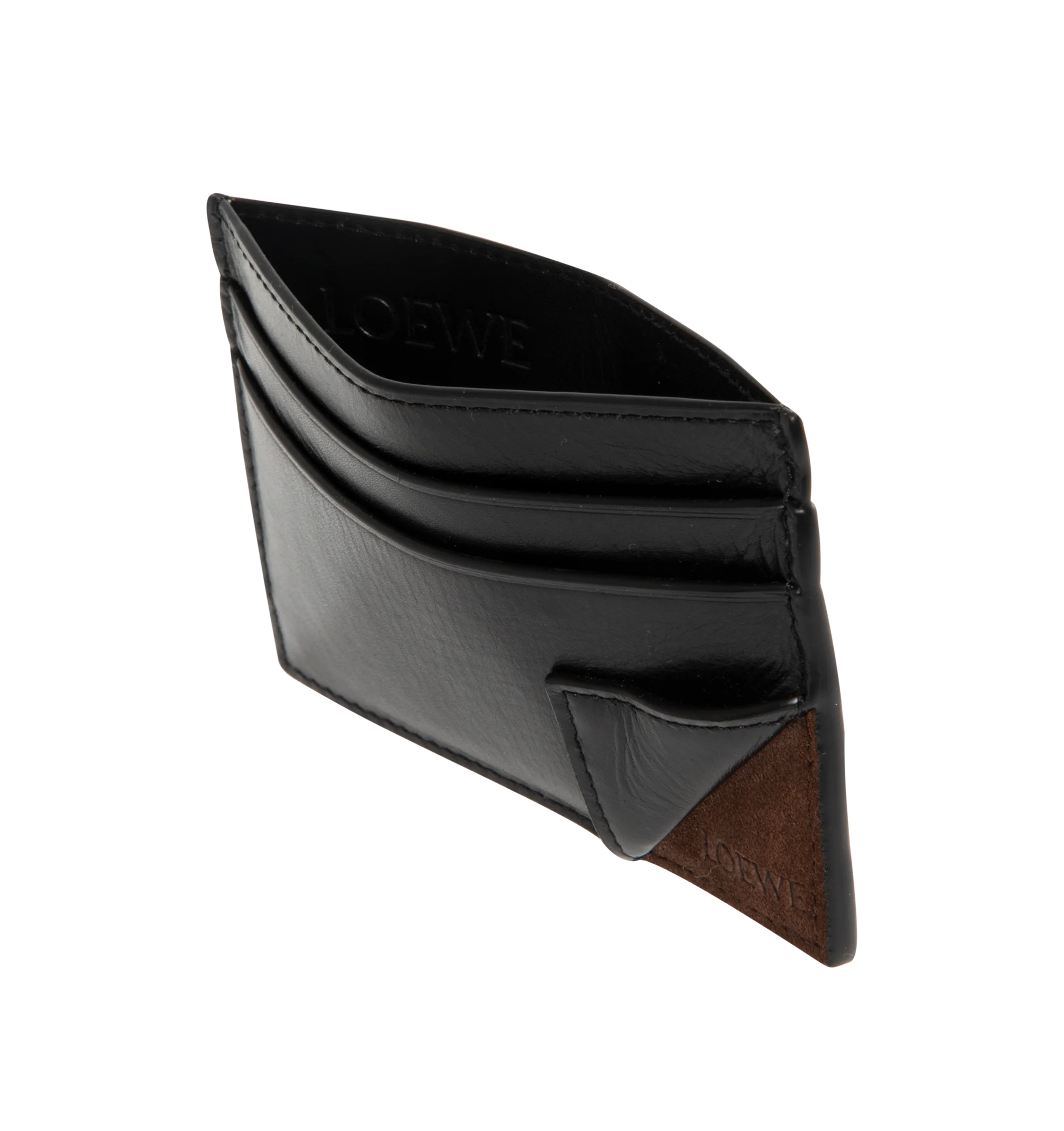 Image 3 of 3 - BLACK - LOEWE Switch Plain Cardholder in supple grained calfskin and suede featuring a playful corner fold that creates the illusion of an open pocket, four card slots, one central pocket, calfskin lining and embossed LOEWE. Supple grained calf/suede. 7.5 cm x 10.3 cm x 0.3 cm. Made in Spain.
