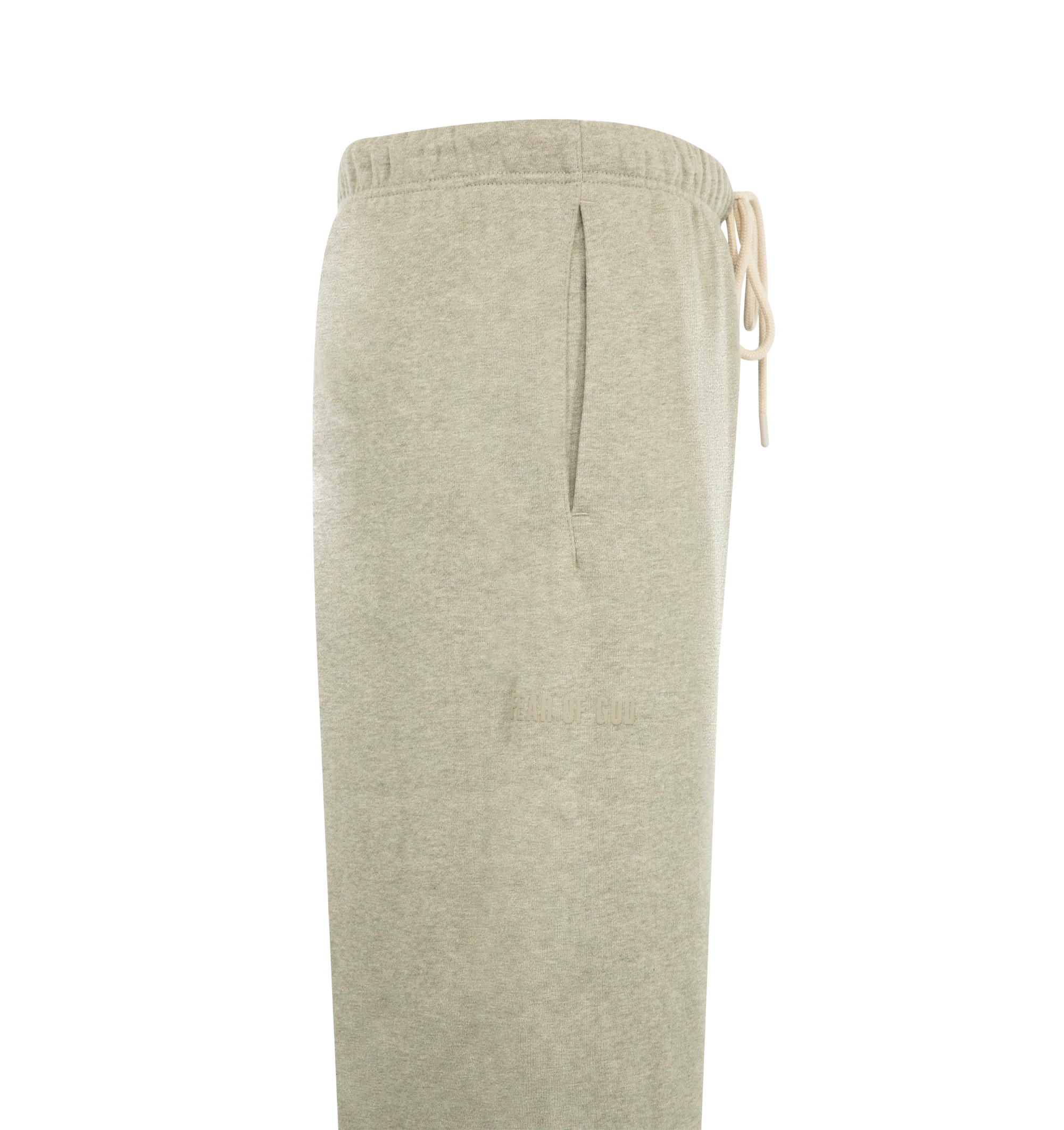 Image 3 of 3 - NEUTRAL - Fear of God Essentials Mens Classic Sweatpants are crafted from heavyweight 380 GSM cotton-blend core fleece. Feature a classic relaxed fit with tapered legs, elasticized waistband with bungee drawcord, side-seam pockets, elastic ankle cuffs, puff-printed Fear of God and Essentials branding, and an Essentials logo label. Main Material: 80% Cotton, 20% Polyester.  