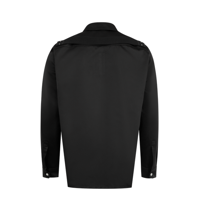 Image 2 of 2 - BLACK - RICK OWENS Outershirt featuring duchesse satin overshirt, GRS-certified satin, spread collar, press-stud closure, flap pockets at chest, offset shoulder seams, press-stud barrel cuffs, webbing strap at back yoke, zip pocket at interior waist and unlined. 100% polyester. Made in Italy. 