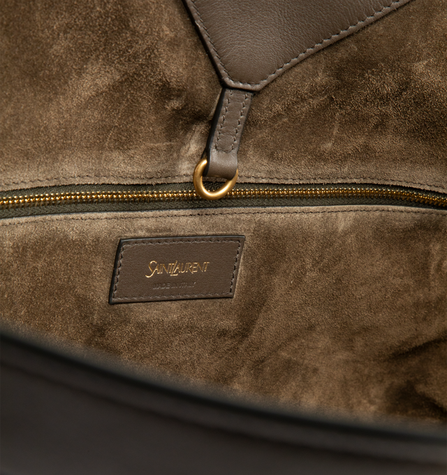 Image 3 of 3 - GREY - SAINT LAURENT Y Tote Bag in leather featuring finely grained leather, fully lined in tonal suede, ultra-lightweight, subtle Y signature stitching, a zip pocket and brass carabiner, hook closure and one keyring carabiner tab. 14.6" x 12.6" x 2.88.7". Strap drop: 10.2". Calfskin. Made in Italy.