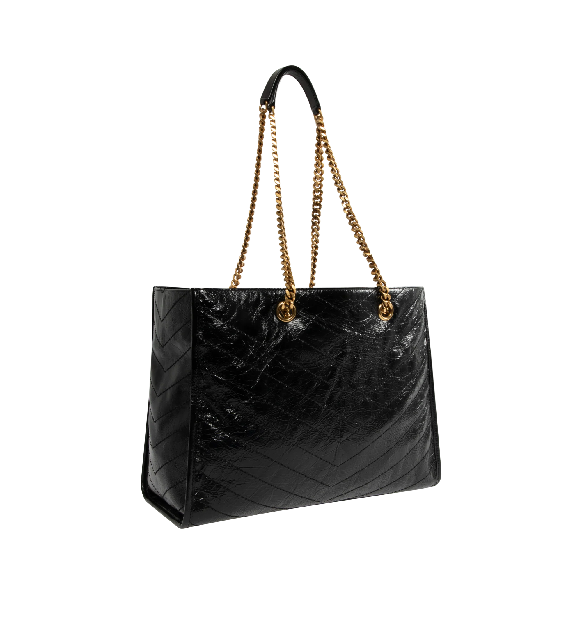 Image 2 of 3 - BLACK - SAINT LAURENT Niki Shopping Bag in vintage leather featuring vintage calfskin, chevron topstitching, cotton lining, bronze-tone hardware, magnetic snap-button closure and one zip pocket. 13" x 10.6" x 5.5". Strap drop: 10.6". Calfskin. Made in Italy.  