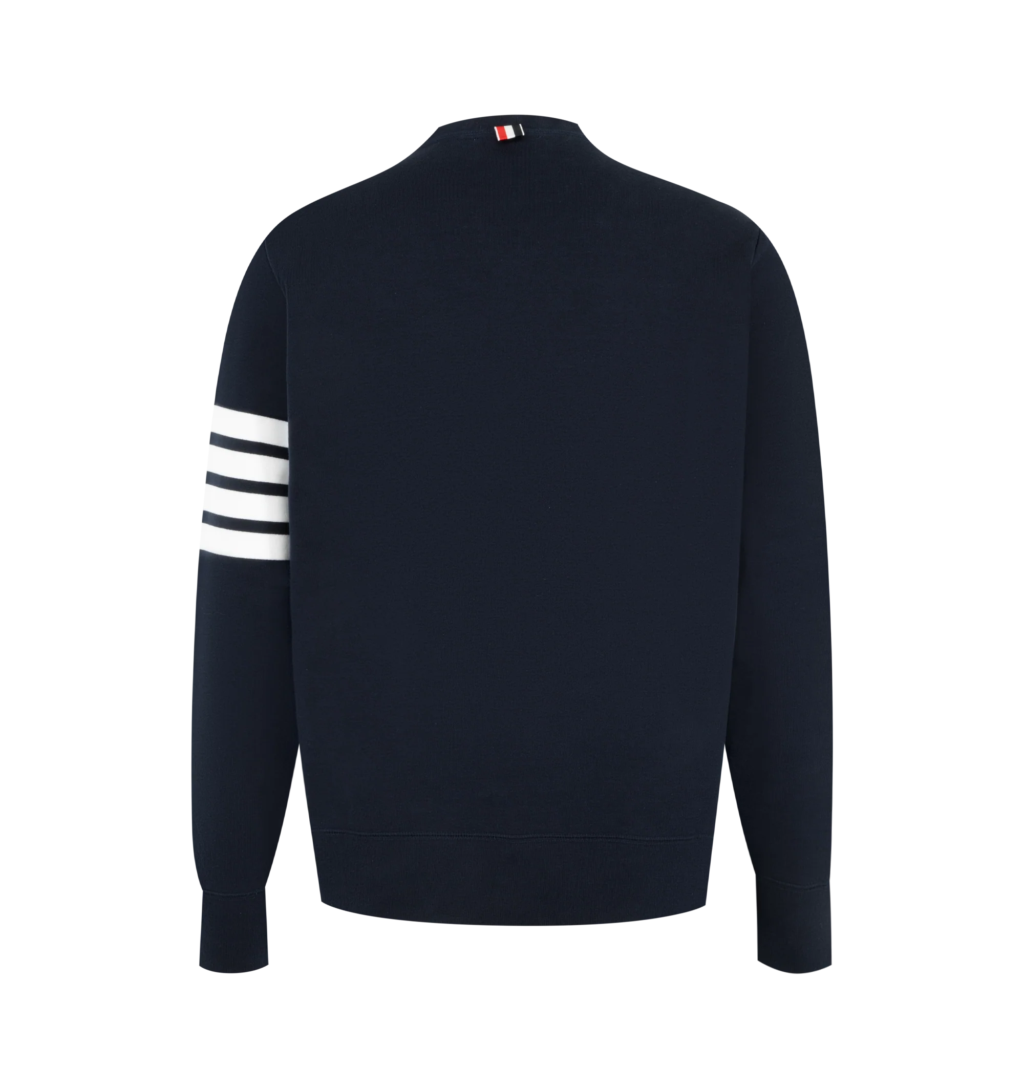 Image 2 of 2 - NAVY - THOM BROWNE Classic Loopback 4-Bar Sweatshirt featuring crew neckline with v patch, engineered 4-bar stripe detail at left sleeve, name tag applique above hem, buttoned side vents with signature striped grosgrain trim and signature striped grosgrain loop tab at back of neck. 100% cotton. Made in Japan. 