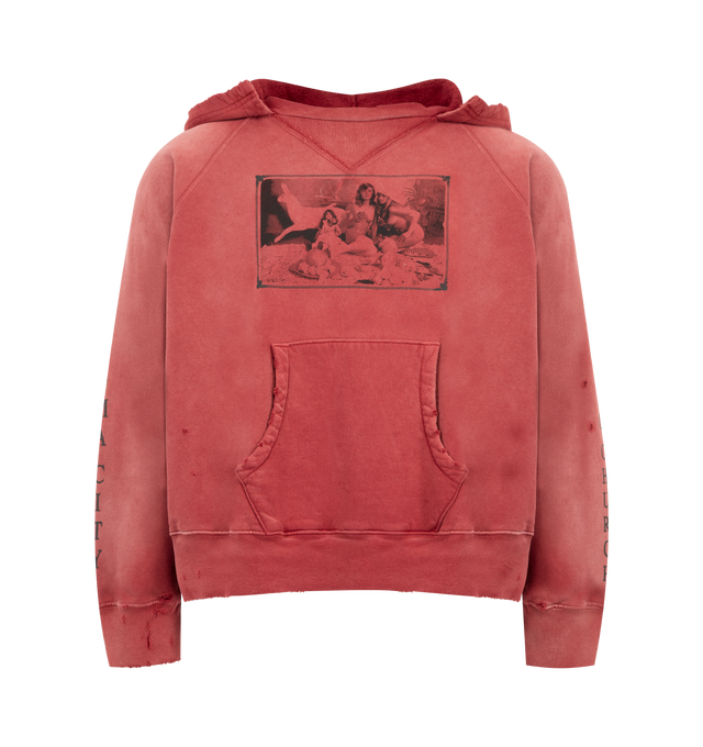 Image 1 of 4 - RED - Enfants Riches Deprimes Oklahoma City Church hooded raglan sweatshirt crafted from medium weight brushed French terry. Featuring a classic vintage fit, attached "after" hood at neck opening, rib knit cuffs and waist, vintage wash process and distressing throughout, and printed artwork at the front. Made in USA.