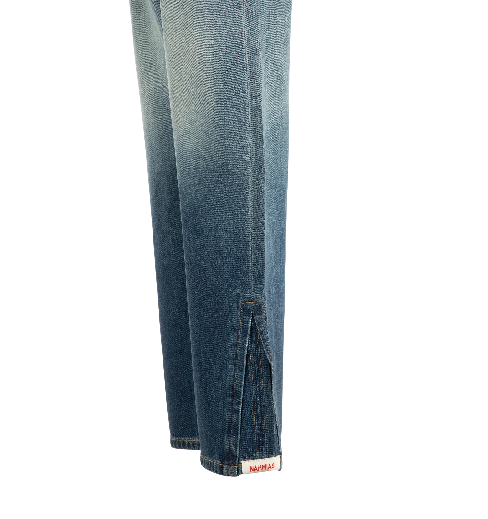 Image 4 of 4 - BLUE - Nahmias Men's High Tide Split Seam Straight Leg Jeans are crafted from 100% cotton denim and feature a straight-leg silhouette with signature split-seam construction. Designed in a medium indigo wash, these designer jeans are finished with a waxed hem that creates a distinctive wet, just-out-of-the-water effect and a Summerland label detail at the split seam. Main Material: 100% Cotton. Fit: Straight Leg. Closure: Button. Details: Waxed Hem, Summerland Label at Split Seam. Care: Profes
