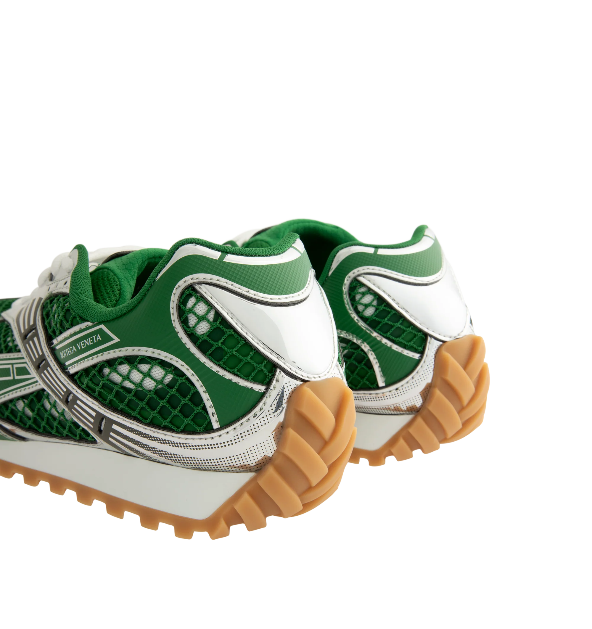 Image 3 of 5 - GREEN - Bottega Veneta Orbit Sneaker featuring mechanical textile upper, rubber sole, lace-up front, padded collar and tongue with Bottega Venneta logo detail at tongue. Made in Italy.