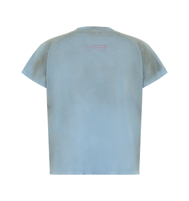 Image 2 of 2 - BLUE - Enfants Riches Deprimes Raglan Short-sleeve mock neck baby fit T-shirt in 100% cotton medium weight baby rib. Featuring a vintage wash process and distreesing throughout, single stitch at cuff, overedge hem at waist and printed artwork at the front and back. Made in USA.