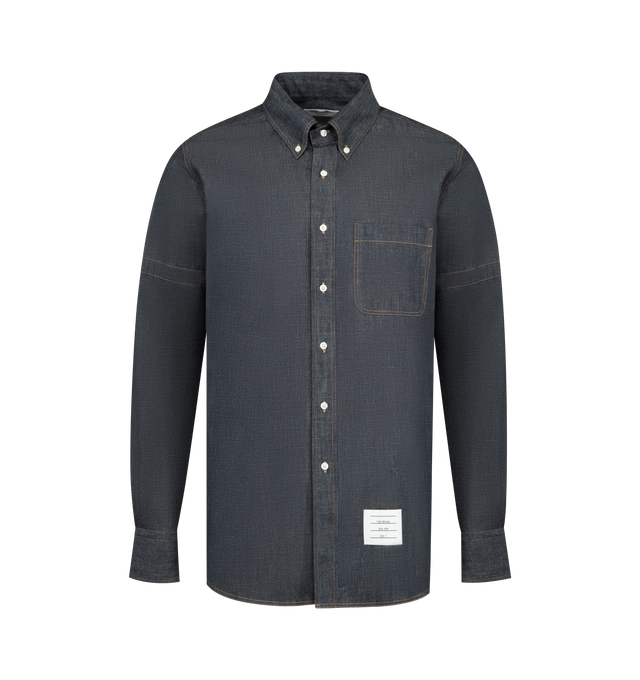 Image 1 of 2 - NAVY - THOM BROWNE Denim Armband Shirt featuring front button closure, button-down point collar, patch chest pocket, button-fastening self armbands, buttoned cuffs with internal RWB grosgrain trim, pleated back yoke with locker loop, curved hem, name tag appliqu, signature striped grosgrain loop tab and straight fit. 100% cotton. Made in Italy.
