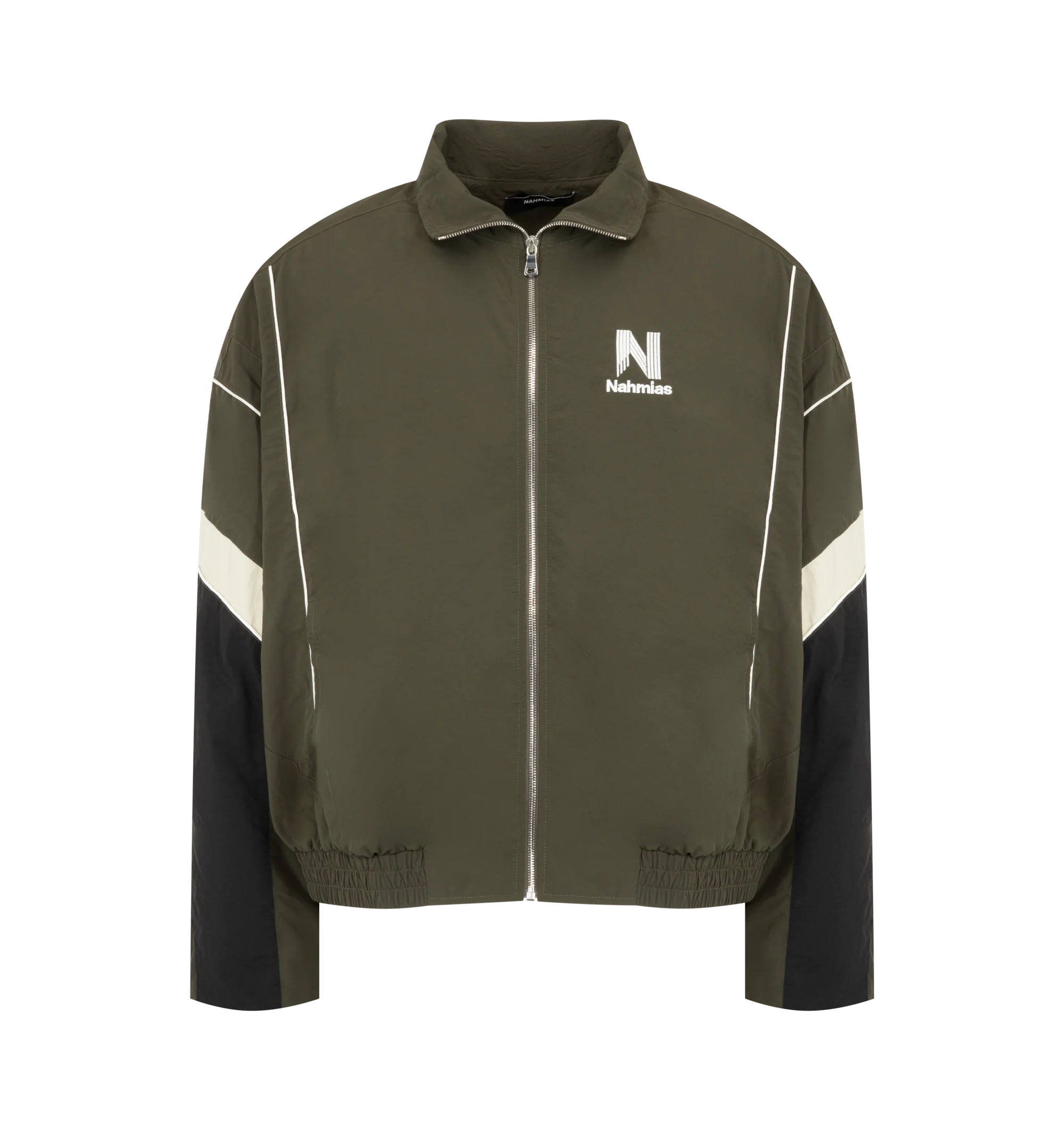 Image 1 of 3 - GREEN - Nahmias Men's Warm Up Jacket is crafted from premium performance fabric and features a relaxed silhouette with a full-zip front, stand collar, elasticated cuffs, and side pockets for everyday functionality. This designer warm-up jacket combines athletic-inspired styling with Nahmias' signature luxury streetwear aesthetic, creating a versatile layering piece for both casual and active wear. Main Material: Premium Nylon Performance Fabric.