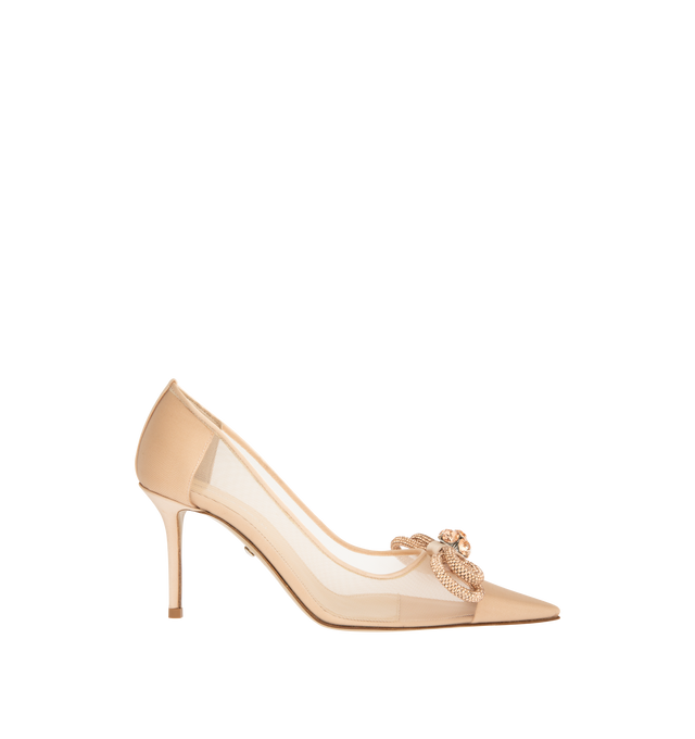 Image 1 of 4 - CHAMPAGNE - MACH MACH Double Bow Mesh Pumps featuring a high stiletto heel, crystal double bow detailing, pointed toe and mesh upper. The heel height measures 85mm. Made in Italy.