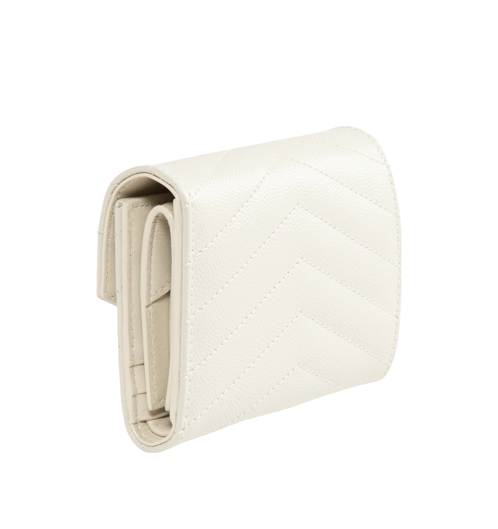Image 2 of 3 - WHITE - SAINT LAURENT Multi Folded Wallet featuring logo on front, quilted overstitching, gold-toned metal hardware, snap button closure, five card slots, one coin pocket, one bill compartment, one receipt compartment and leather lining. 3.9 x 3.5 x 1.2 inches. Calfskin. Made in Italy.