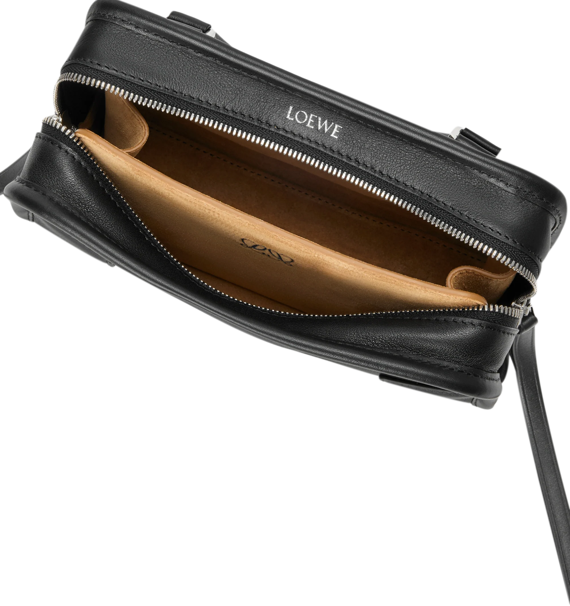 Image 8 of 11 - BLACK - Loewe Mini Amazona 180 Bag in leather features a relaxed silhouette anchored by a single toron top handle, designed to be carried open, while a concealed closure secures the main compartment, removable shoulder and crossbody straps, two carry options: short handle, removable and adjustable crossbody strap, zip closure with two leather zip pullers, two compartments, main compartment closed with magnetic closure, left side d-ring for customization, suede and nappa lambskin lining, and  