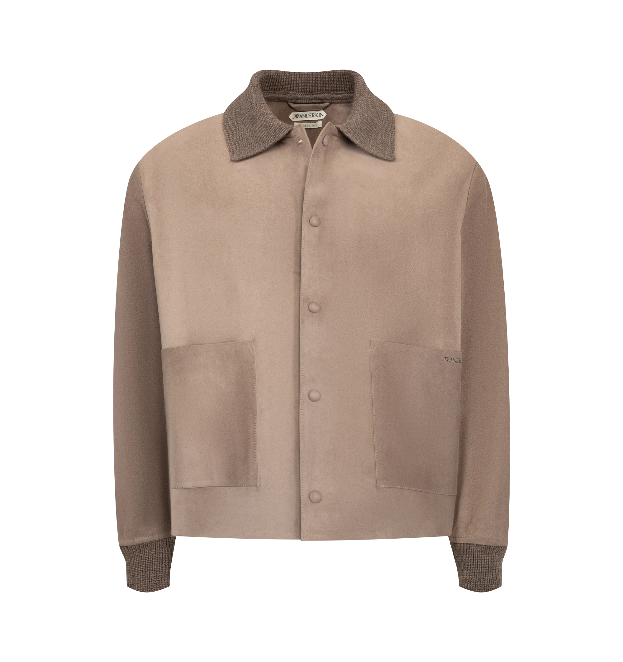 Image 1 of 2 - GREY - JW Anderson Men's Suede Jacket in mouse grey is crafted in Italy, features a wool knitted collar and cuffs, patch pockets with debossed black foil logo and self-covered press snap buttons. Constructed with invisible seams for a clean finish.
