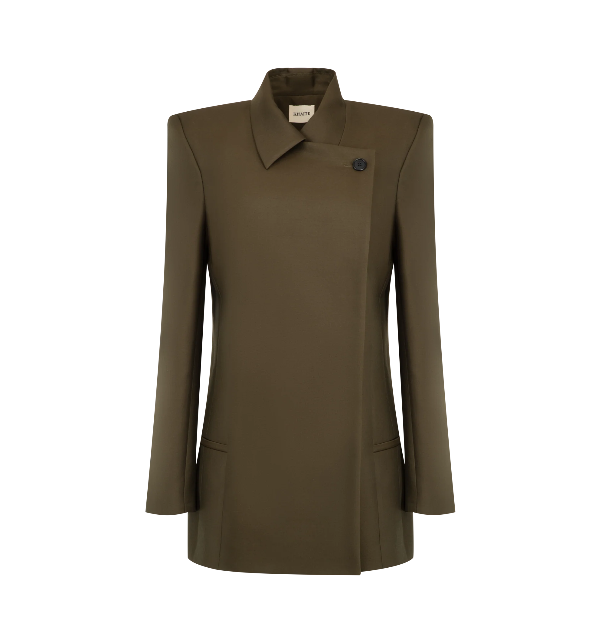 Image 1 of 2 - GREEN - Khaite Womens Wool Silk Cady Jacket is crafted from wool silk cady. Features an elongated silhouette, overlapping collar, sharp shoulders with cigarette-roll detailing, natural gathering at the chest, and low-set welt pockets. Main Material: 74% Wool, 26% Silk. Made in Italy.