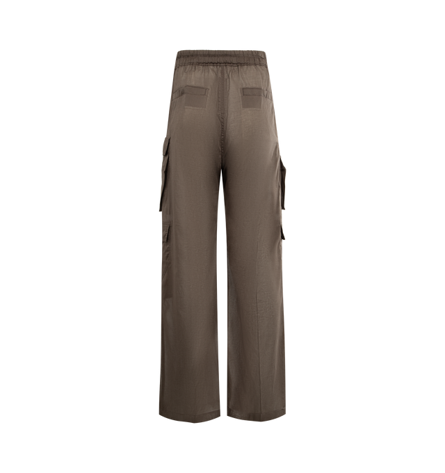 Image 2 of 3 - BROWN - RICK OWENS Cargobelas Pants featuring full-length, a low crotch, wide leg, elasticized waistband with drawstring, a bela exposed center zipper with two snap detail at bottom, side welt pockets with rivet and eyelet detail, four beveled cargo pockets on the side leg and two rear welt pockets with concealed snaps and topstitching. Made in Italy. 