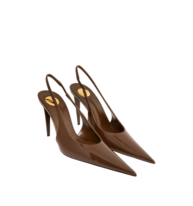 Image 2 of 4 - BROWN - Saint Laurent Guermantes slingback pumps in patent leather slingback pumps with a pointed toe, round saint laurent-engraved metal plaque on the insole, leather sole, elasticized slingback strap and 9.5cm covered stiletto heel. Calfskin, lambskin. Made in Italy. 