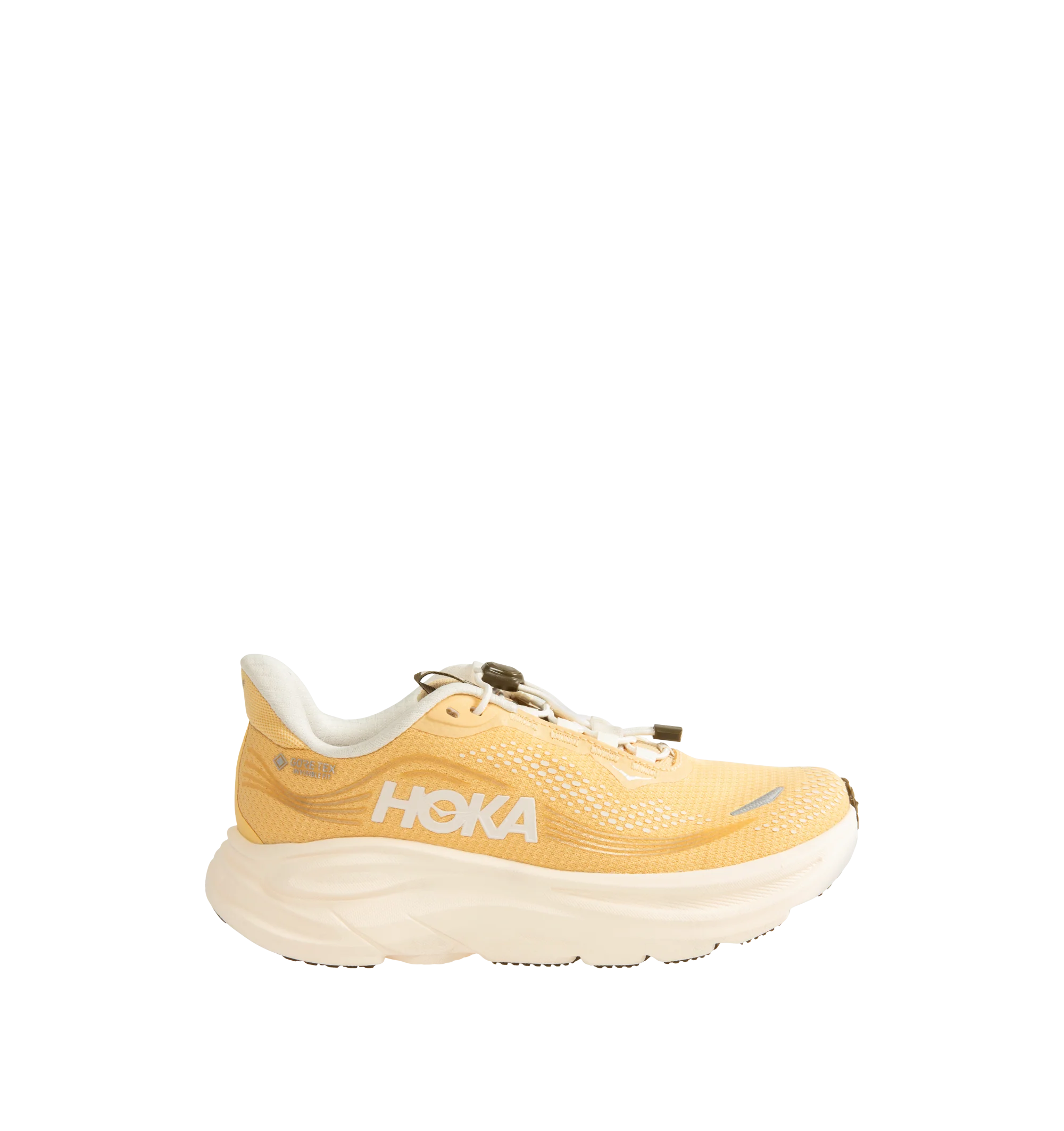 Image 1 of 5 - ORANGE - Hoka Women's Clifton 11 GTX Running Sneakers feature a closed-mesh upper with a GORE-TEX Invisible Fit membrane and PFC-free water-repellent treatment. An adjustable speed-lace system with toggle, reflective details, a compression-molded EVA midsole, and a Durabrasion rubber outsole with forefoot traction pods complete the weather-ready design. Upper: Mesh with GORE-TEX Membrane. Midsole: EVA Foam. Sole: Rubber. Heel-to-Toe Drop: 8 mm.