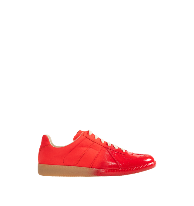 Image 1 of 5 - RED - MAISON MARGIELA High Quality Luxury Sneakers featuring classic low-top silhouette, contrast of matte leather and a patent sprayed finish, streamlined sole, traditional lace-up construction and signature single white stitch. 100% calf leather. Made in Italy.