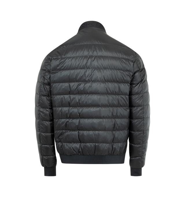 Image 2 of 3 - BLACK - MONCLER Rigel Short Down Jacket featuring micro ripstop lining, collar with tricolor trim, zipper and snap button closure, pockets with snap button closure, inside zipped pocket and ribbed cuffs and hem. 100% polyamide/nylon. Padding: 90% down, 10% feather