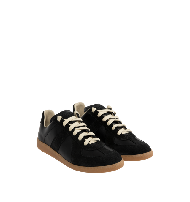 Image 2 of 5 - BLACK - Maison Margiela High Quality Luxury Sneakers featuring lace-up sneakers in buffed nappa calfskin and calfskin suede, contrasting sole, Maison Margiela logo label on the tab, internal High Quality Luxury label, internal elastic and all-over Maison Margiela logo insole. 100% calf leather. Sole: 100% rubber. Made in Italy. 