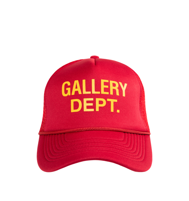 Image 1 of 2 - RED - GALLERY DEPT. Logo Trucker Hat featuring adjustable buckle fastening, trucker style, mesh sides, curved peak and logo at front.