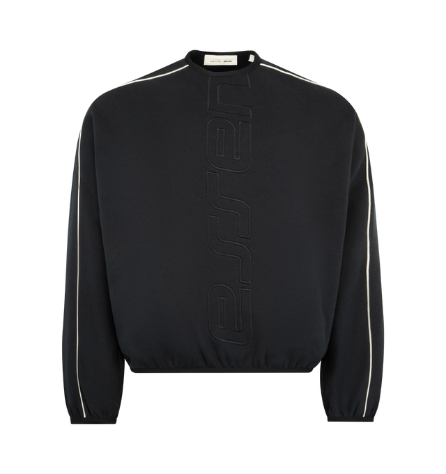 Image 1 of 3 - BLACK - FEAR OF GOD ESSENTIALS Active Trace Modern Crewneck Sweatshirt featuring 380GSM core fleece, 3D printed Essentials Active Trace logo, contrasting piping, elastic binding at the collar, cuff, and waist hem and Essentials signature label applied to the sleeve. 80% cotton, 20% polyester.