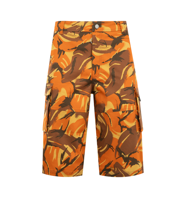 Image 1 of 3 - ORANGE - MARTINE ROSE Utility Shorts featuring cotton canvas, camouflage print, belt holes, zip and button closure, cargo pockets, logo embroidery and knee-length. 100% cotton. Made in Italy.