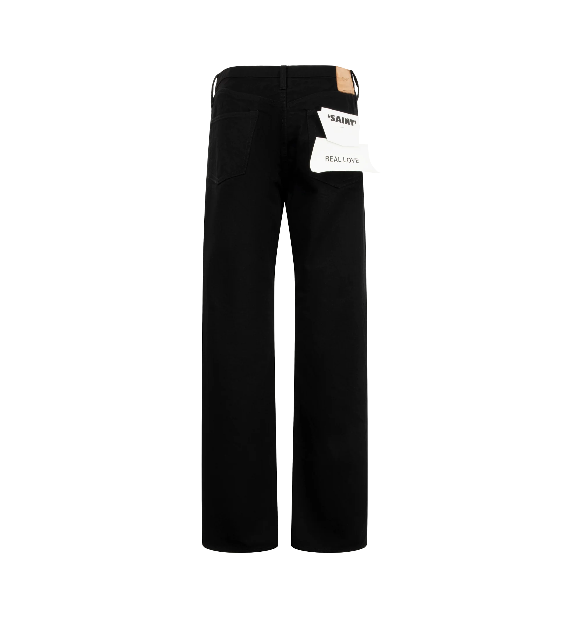 Image 2 of 3 - BLACK - Saint Michael Men's Straight Leg Black Denim Jeans are crafted from 100% cotton denim and feature a classic straight-leg silhouette with the brand's signature worn-in aesthetic. Finished in versatile black, these designer jeans draw on vintage Americana influences while maintaining a clean, timeless profile for everyday styling. Main Material: 100% Cotton. Fit: Straight Leg. Color: Black. 