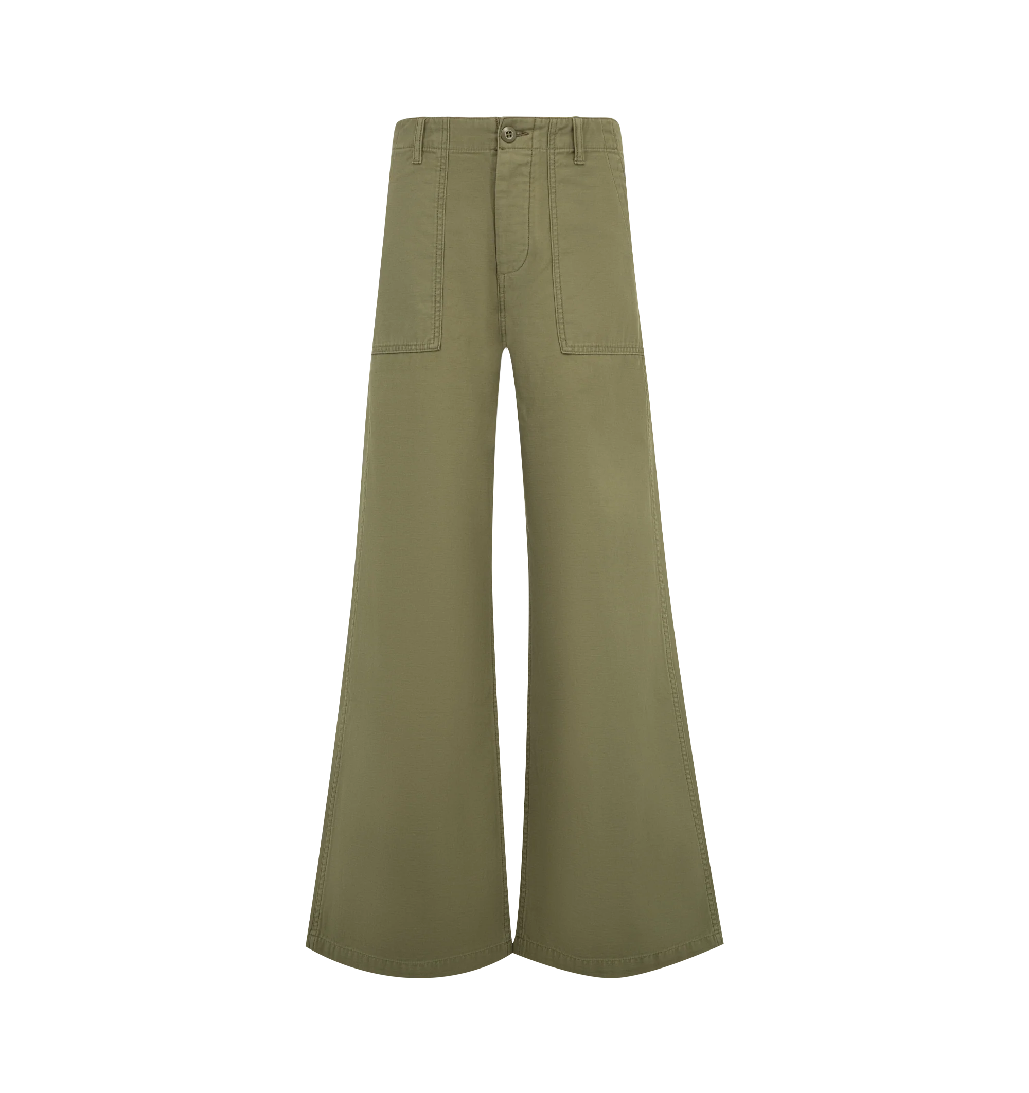 Image 1 of 3 - GREEN - R13 D'Arcy Flare Utility Pants are crafted from Japanese military slub-yarn back sateen and feature a relaxed silhouette with a dramatic flared leg. Inspired by the brand's signature D'Arcy fit, the design combines utilitarian styling with a modern shape, finished with a button fly, slant hip pockets, and flap back pockets. Main Material: 100% Cotton.