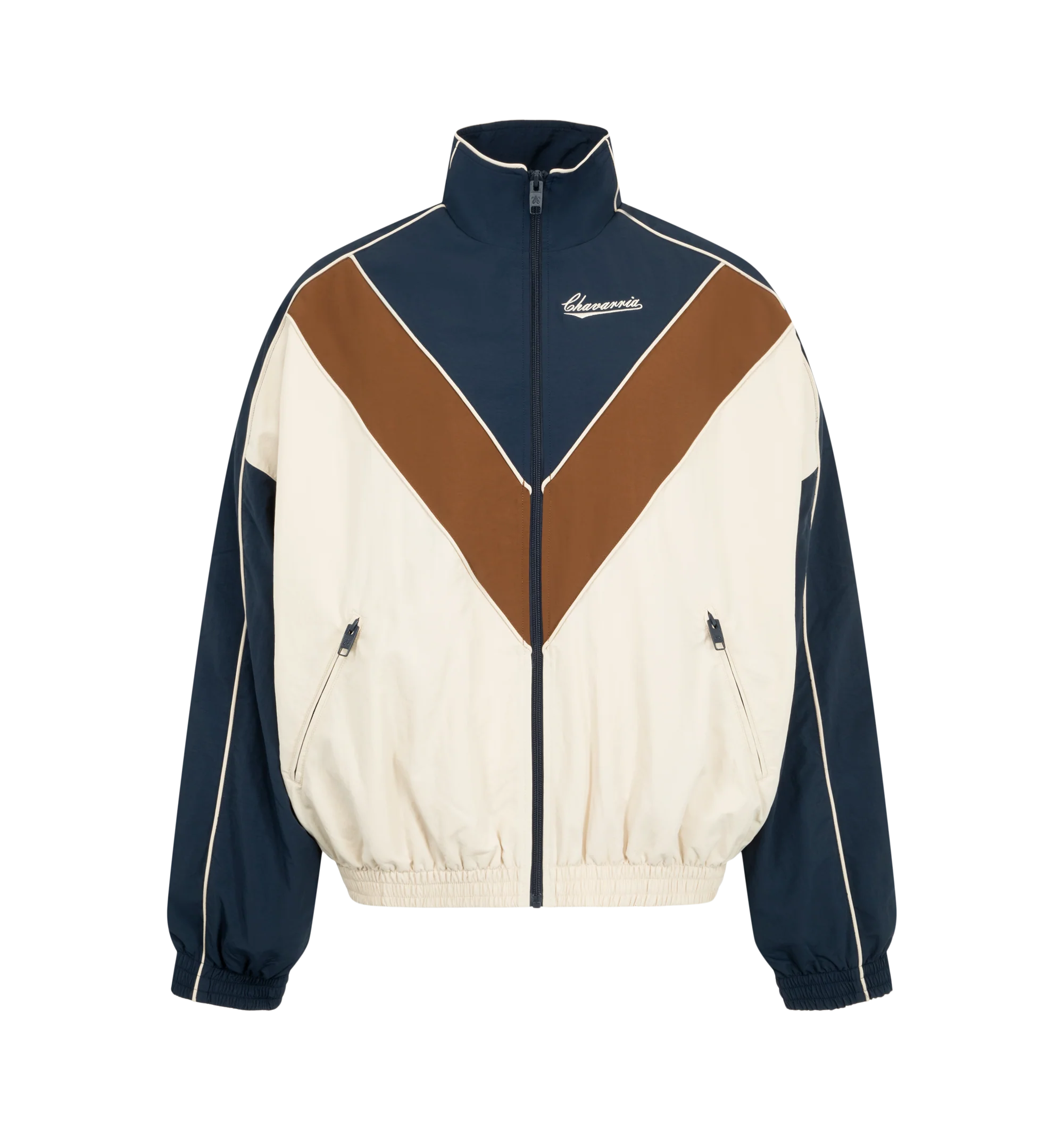 Image 1 of 3 - MULTI - Willy Chavarria Bad Boy Track Jacket is crafted from nylon and features a sleek, true-to-size silhouette defined by bold chevron paneling and contrast piping. Designed with a stand collar, front zip closure, two zippered pockets, stacked script logo detailing, and elasticized cuffs and hem. Main Material: 100% Nylon. Lining: Polyester.