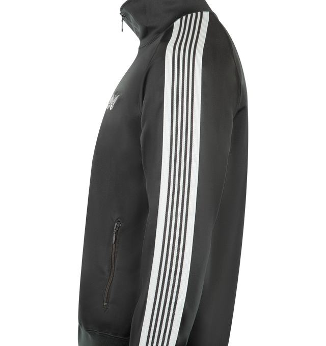 Image 3 of 3 - GREY - NEEDLES Track Jacket in poly smooth featuring stand collar, two-way zip closure, logo embroidered at chest, zip pockets at front, rib-knit hem and cuffs, stripes at side seams and sleeves and raglan sleeves. 100% polyester. Made in Japan.