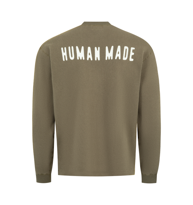 Image 2 of 2 - GREEN - HUMAN MADE Henley Neck Shirt featuring textured cotton thermal fabric, long sleeves, heart logo patch on the right chest, brand logo print on the back and ribbed collar and cuffs 100% cotton. 