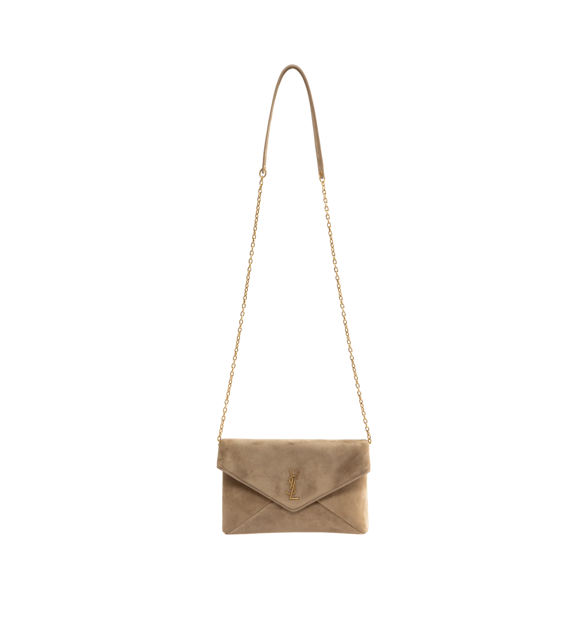 Image 1 of 3 - NEUTRAL - Saint Laurent Womens Chain Pouch is crafted from suede calfskin. Features signature Cassandre logo, magnetic closure, stowable cable-chain shoulder strap, leather lining, one interior card slot, bronze-tone hardware, and dimensions: 19 13 4.5 cm (7.5 5.1 1.8 in) with a 47 cm (18.5 in) strap drop. Main Material: Calfskin Leather; Lining: Leather; Hardware: Brass. Made in Italy.