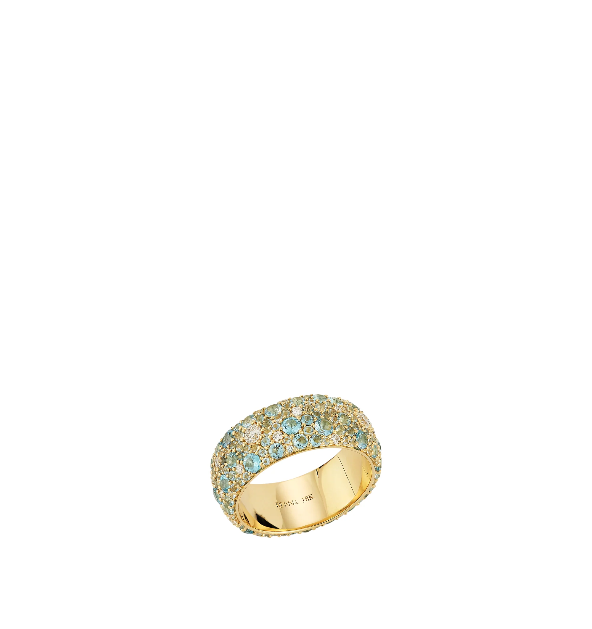 Image 2 of 2 - GOLD - Renna Women's Wide Tidepool Band is crafted in 18K yellow gold and features varying sizes of aquamarine, Swiss blue topaz, and brilliant diamonds arranged in a cobblestone-inspired design that reflects the natural beauty of smooth stones found in a tidepool. This designer fine jewelry ring combines exceptional craftsmanship with vibrant color and timeless elegance, creating a bold statement piece for everyday wear or special occasions. Main Material: 18K Yellow Gold. Gemstones: Approxi 