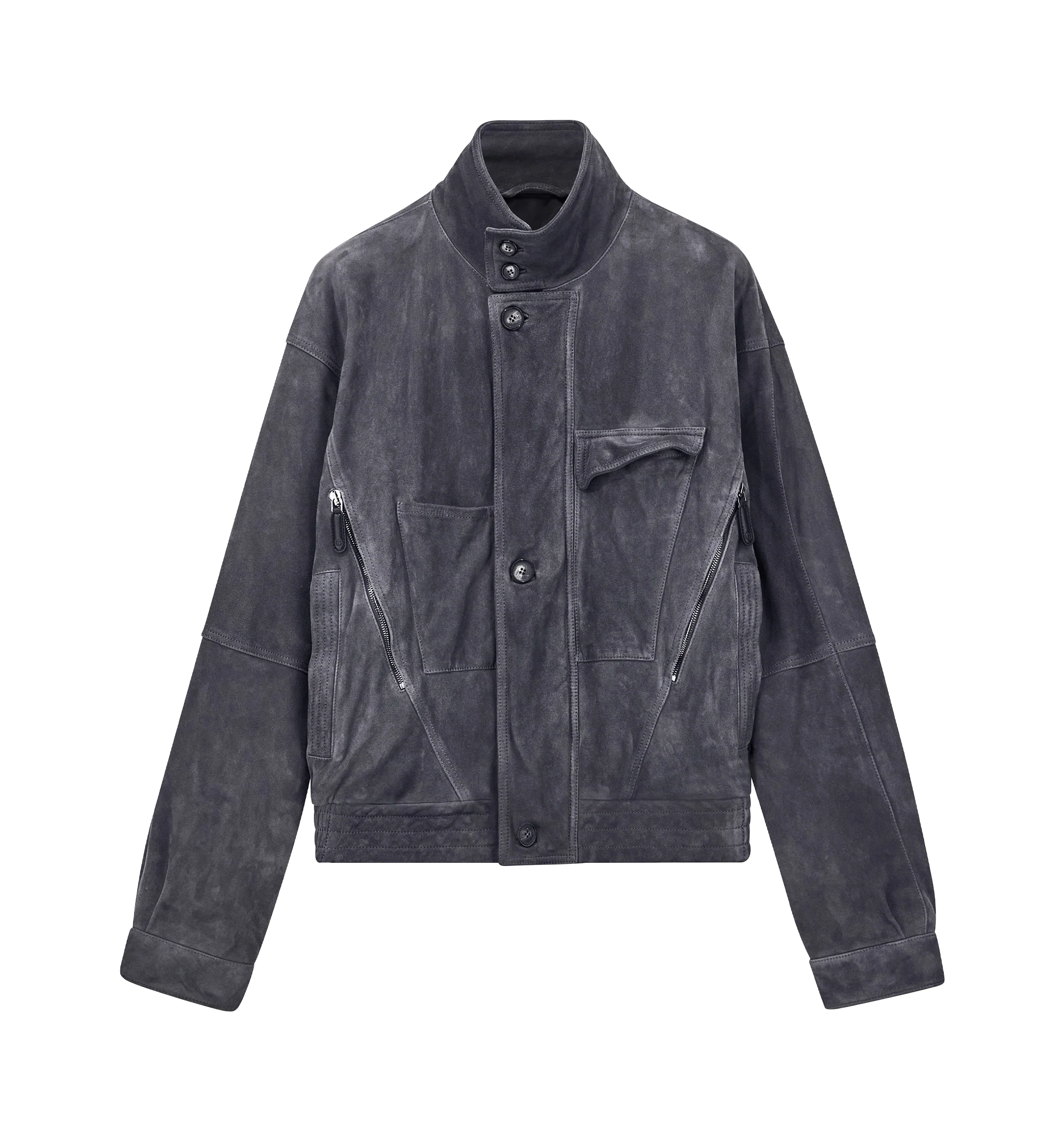 Image 1 of 1 - GREY - Giorgio Armani Men's Goat Suede Bomber Jacket is crafted from premium goat suede leather, offering a supple feel, refined texture, and timeless appeal. Designed in a classic bomber silhouette, it combines luxurious craftsmanship with effortless sophistication.Material: 100% Goat Leather; Body Lining: 63% Acetate, 37% Viscose; Sleeve Lining: 57% Viscose, 43% Polyester; Padding: 100% Polyester.