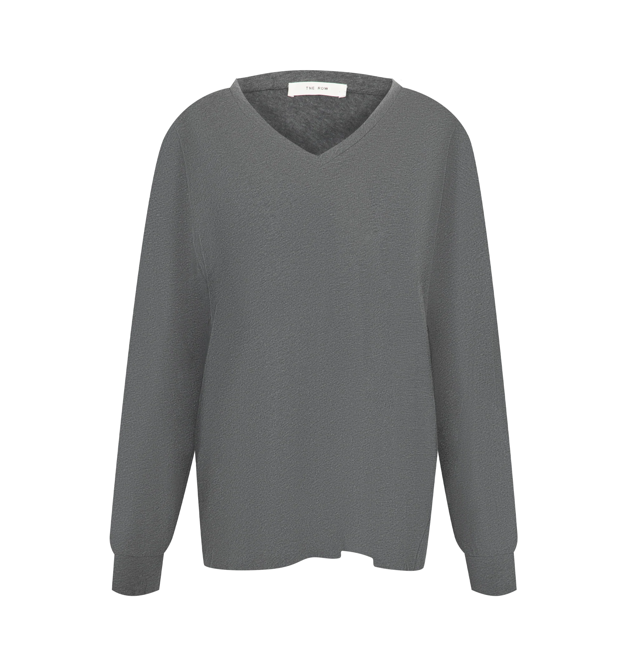 Image 1 of 2 - GREY - The Row Women's Birket Top is crafted from a cozy cashmere and features a classic V-neckline, long sleeves, and seamless construction for a clean, minimalist silhouette. This designer cashmere sweater combines exceptional Italian craftsmanship with a smooth, single-ply knit that offers lightweight warmth, natural stretch, and everyday comfort. Main Material: 100% Cashmere. Made in Italy.