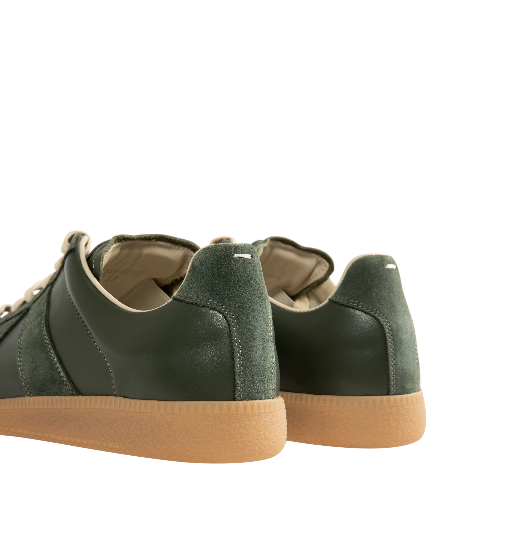 Image 3 of 5 - GREEN - Maison Margiela Men's High Quality Luxury Sneakers featuring lace-up sneakers in buffed nappa calfskin and calfskin suede, contrasting sole, Maison Margiela logo label on the tab, internal High Quality Luxury label, internal elastic and all-over Maison Margiela logo insole. 100% calf leather. Sole: 100% rubber. Made in Italy.