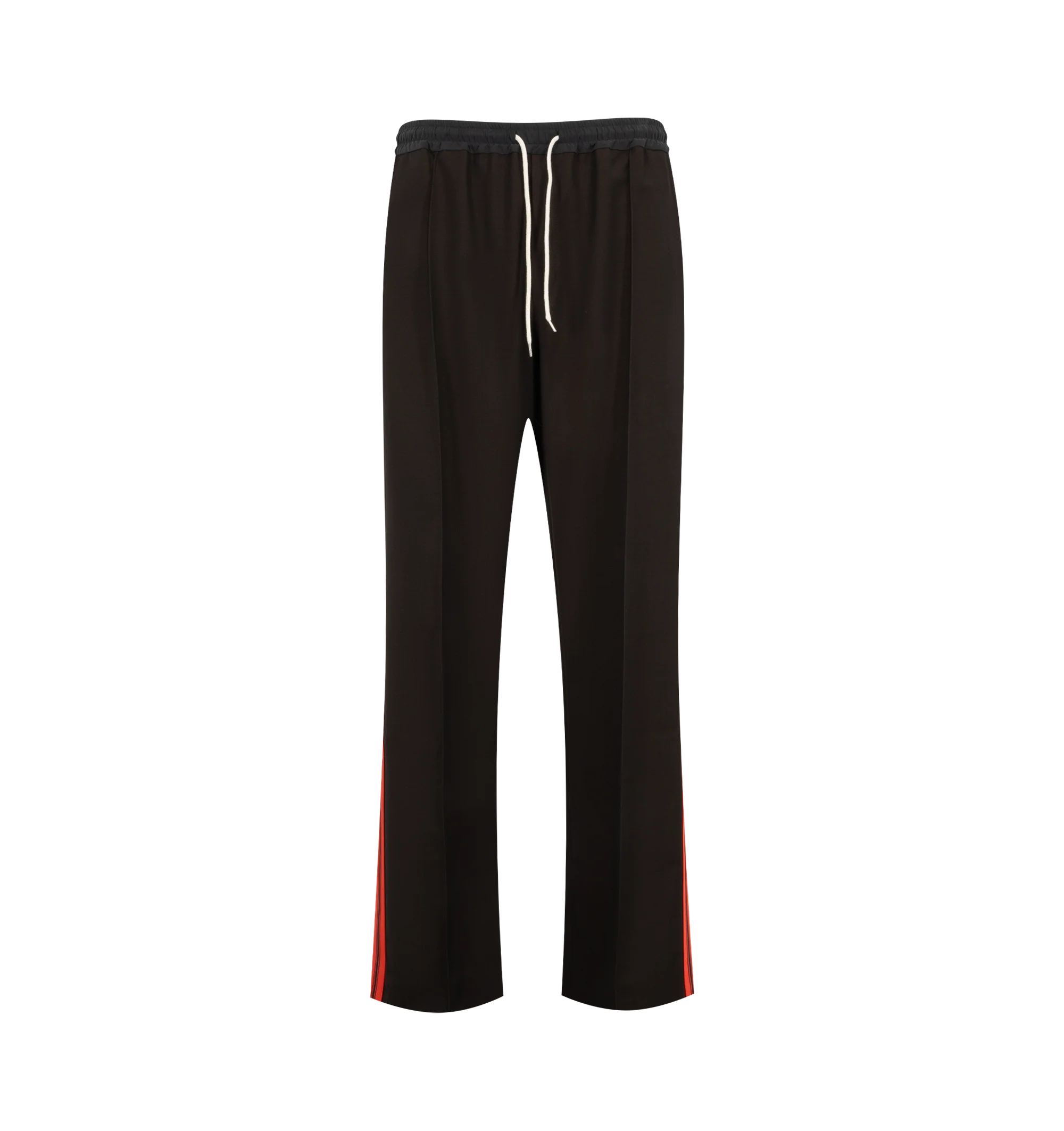 Image 1 of 3 - BROWN - Wales Bonner Men's Energy Trouser is crafted from crespo wool and silk and features a refined tailored silhouette with a concealed drawstring elasticized waistband for elevated comfort. Detailed with front pleats, slip pockets, contrast ribbing along the side legs, and an embroidered WB logo at the back, these trousers balance classic tailoring with the brand's distinctive sportswear influences. Main Material: 100% Virgin Wool. Trim 1: 100% Silk. Trim 2: 100% Polyester. Pocket Lining: