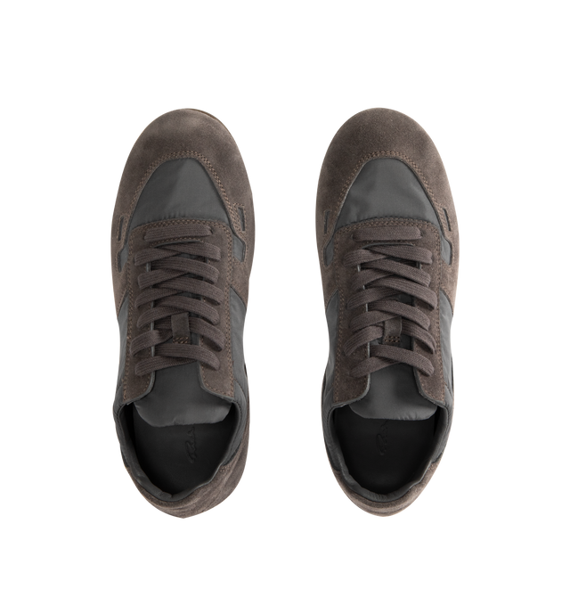Image 5 of 5 - GREY - RICK OWENS Minimal Suede and Nylon Sneakers featuring lace up closure, suede panelled with glossy nylon and slim shark-tooth rubber soles.