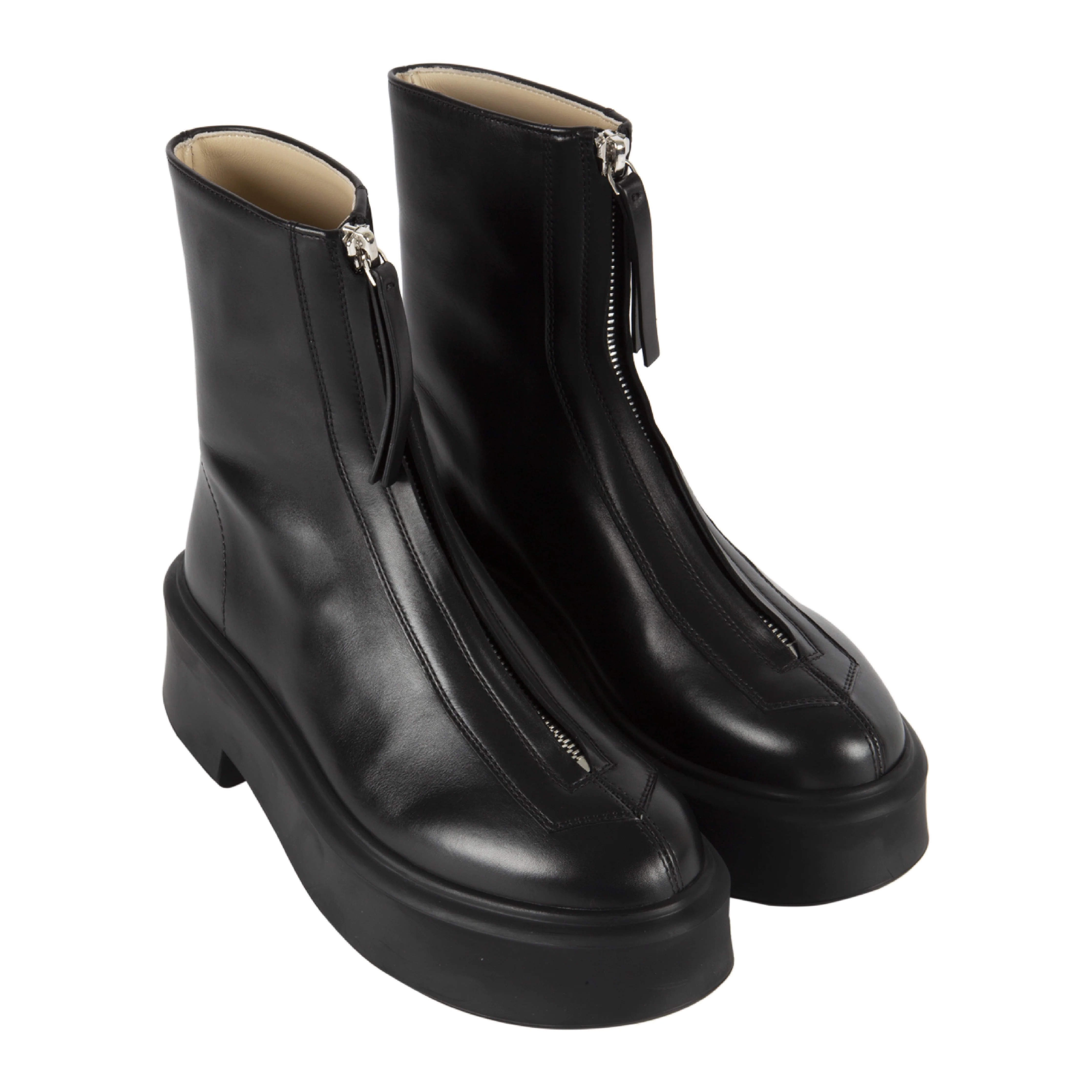 Image 2 of 2 - BLACK - THE ROW Zip Platform Boots have a round toe, topstitch details, front zip, and 2" platform heel. Rubber outsoles. Lined. 100% leather. Made in Italy.